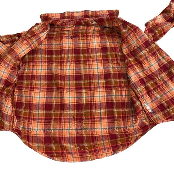 Upcycled Flannel Shirt Shacket Womens L Orange Grunge Patchwork Folk Art Skull - Picture 4 of 16